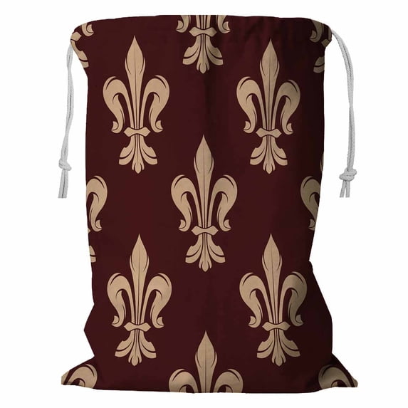 PKQWTM Beige Brown Floral French Fleur De Lis Dark Brown Storage Basket Laundry Bag with Drawstring Size 18x24 Inch