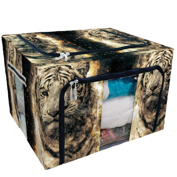 PKQWTM Bengal Tiger fire Storage Bag Clear Window Storage Bins Boxes Large Capacity Foldable Stackable Organizer With Steel Metal Frame For Bedding,Clothes,Closets, Bedrooms