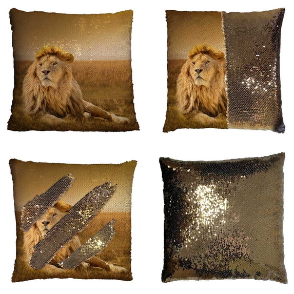 PKQWTM Big Male Lion Lying Grass Reversible Mermaid Cushion Cover Home Decor Sequin Pillow Case Size 16x16 inches