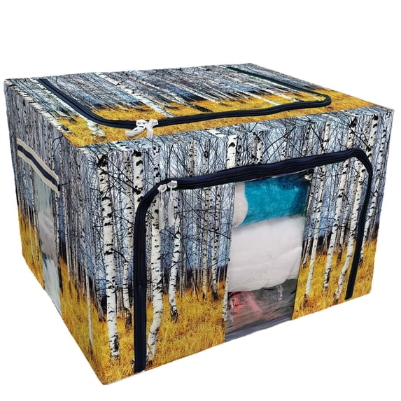 PKQWTM Birch Tree of Life Autumn Birch Grove among Orange Grass Storage Bag Clear Window Storage Bins Boxes Large Capacity Foldable Stackable Organizer With Steel Metal Frame For Clothes,Closets
