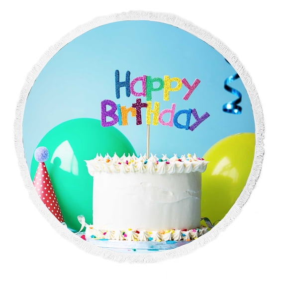 PKQWTM Birthday Cake Round Beach Towel Beach Mats Shawl Blanket Yoga Mat with Tassels Beach Throw Towel