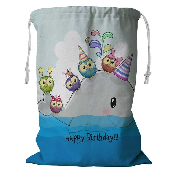 PKQWTM Birthday Card Cute Cartoon Whale Five Owls Rainbow Storage Basket Laundry Bag with Drawstring Size 24x32 Inch