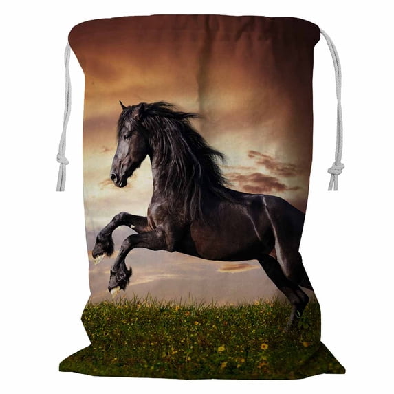 PKQWTM Black Friesian horse gallop Storage Basket Laundry Bag with Drawstring Size 24x32 Inch