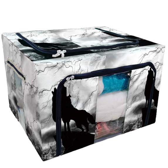 PKQWTM Black and White Gray Wildlife Animal Howling Wolf Storage Bag Clear Window Storage Bins Boxes Large Capacity Foldable Stackable Organizer With Steel Metal Frame For Clothes,Closets, Bedrooms