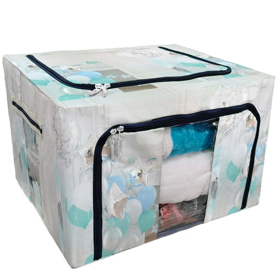 PKQWTM Blue And White Ballons Storage Bag Clear Window Storage Bins Boxes Large Capacity Foldable Stackable Organizer With Steel Metal Frame For Bedding,Clothes,Closets, Bedrooms