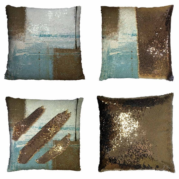 PKQWTM Blue and Brown Abstract Art Painting Reversible Mermaid Cushion Cover Home Decor Sequin Pillow Case Size 16x16 inches