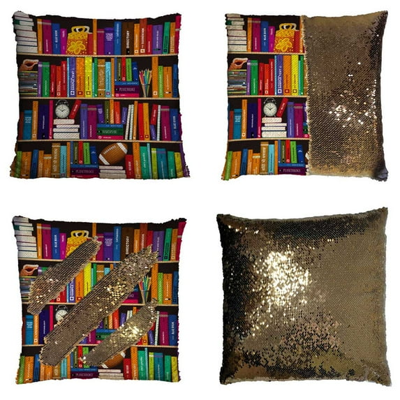 PKQWTM Book Shelf Pattern Reversible Mermaid Cushion Cover Home Decor Sequin Pillow Case Size 16x16 inches
