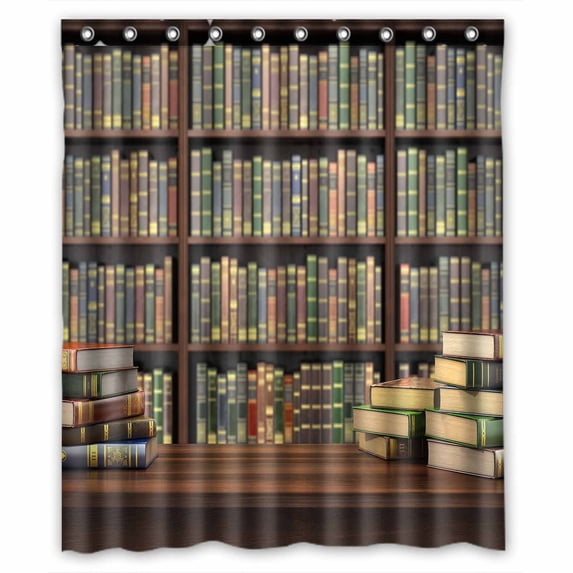 PKQWTM Books Table Blurred Bookshelf Books Library WaterProof Polyester Fabric Shower Curtain Size 60x72 Inches