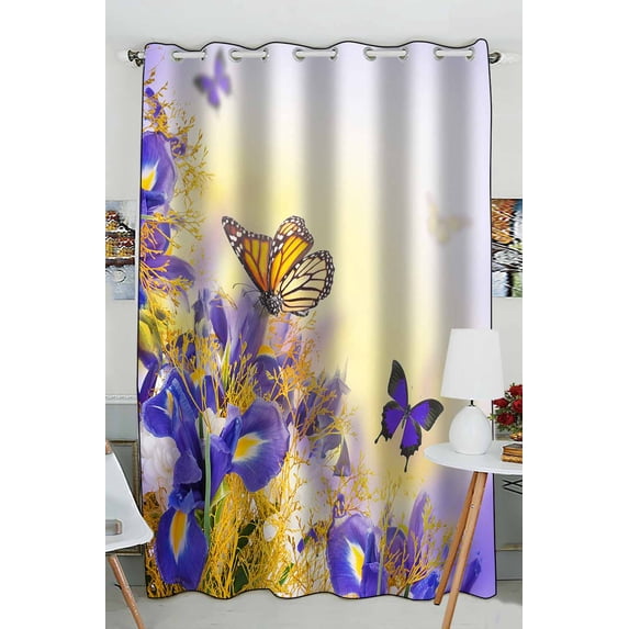 PKQWTM Bouquet Of Blue Irises White Flowers And Butterfly Practical heat insulation Shading Window Curtain Size 52(W)x84(H) inches(One Piece)