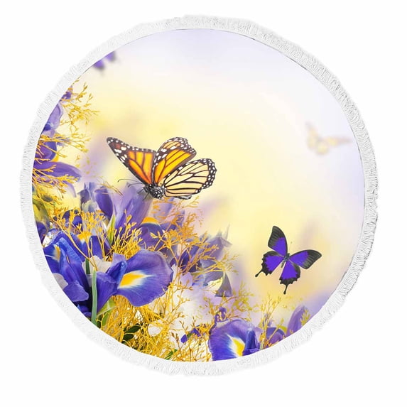 PKQWTM Bouquet Of Blue Irises White Flowers And Butterfly Round Beach Towel Beach Mats Shawl Blanket Yoga Mat with Tassels Beach Throw Towel