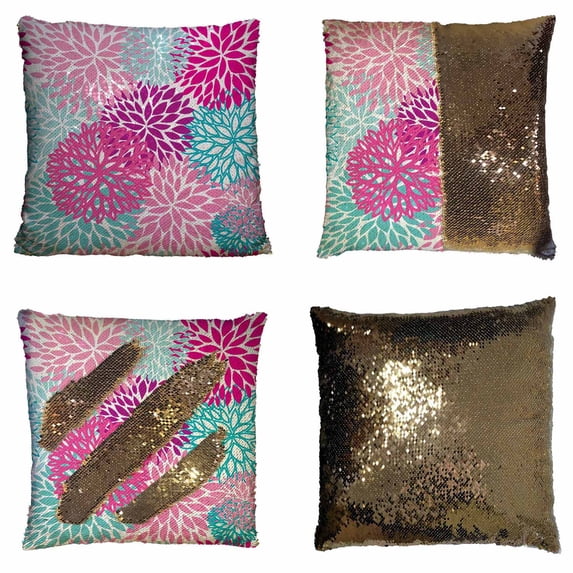 PKQWTM Bright Floral Pattern Reversible Mermaid Cushion Cover Home Decor Sequin Pillow Case Size 20x20 inches