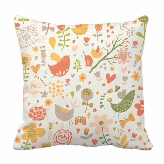 PKQWTM Bright floral birds hearts and butterflies Bed Decor Pillow Cases Zippered Cushion Cover Size 18x18 Inches