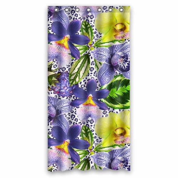PKQWTM Bright orchid flowers green exotic leaves leopard plants WaterProof Polyester Fabric Shower Curtain Size 36x72 Inches