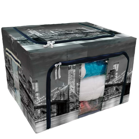 PKQWTM Brooklyn Bridge Cityscape Manhattan Skyline Night Storage Bag Clear Window Storage Bins Boxes Large Capacity Foldable Stackable Organizer With Steel Metal Frame For Clothes,Closets, Bedrooms