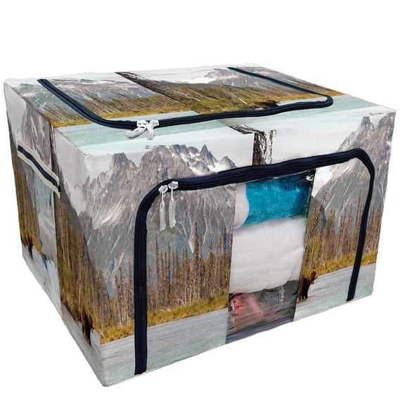 PKQWTM Brown Bear Hunting Fish Beautiful Alaskan Landscape Storage Bag Clear Window Storage Bins Boxes Large Capacity Foldable Stackable Organizer With Steel Metal Frame For Clothes,Closets, Bedrooms