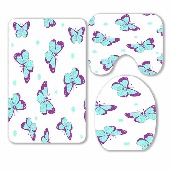 PKQWTM Butterflies Pattern 3 Piece Bathroom Rugs Set Bath Rug Contour Mat and Toilet Lid Cover