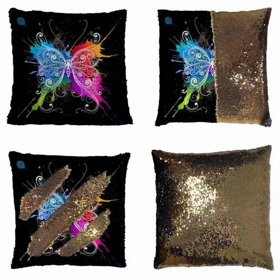 PKQWTM Butterfly Reversible Mermaid Cushion Cover Home Decor Sequin Pillow Case Size 20x20 inches
