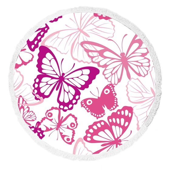 PKQWTM Butterfly Summer Pink Butterfly Silhouettes Round Beach Towel Beach Mats Shawl Blanket Yoga Mat with Tassels Beach Throw Towel