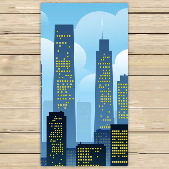 PKQWTM Cartoon City Skyscrapers Clouds Raster Version Microfiber Bath Towels Bathroom Body Shower Towel Size 30x56 Inches