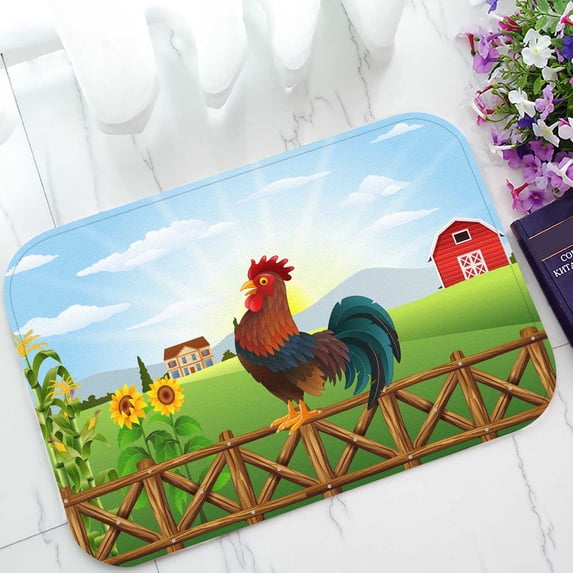 PKQWTM Cartoon Rooster Crowing At Farm Field Morning Sun Rising Home Decor Floor Mat Area Rug Doormat Size 15.7x23.6 Inches