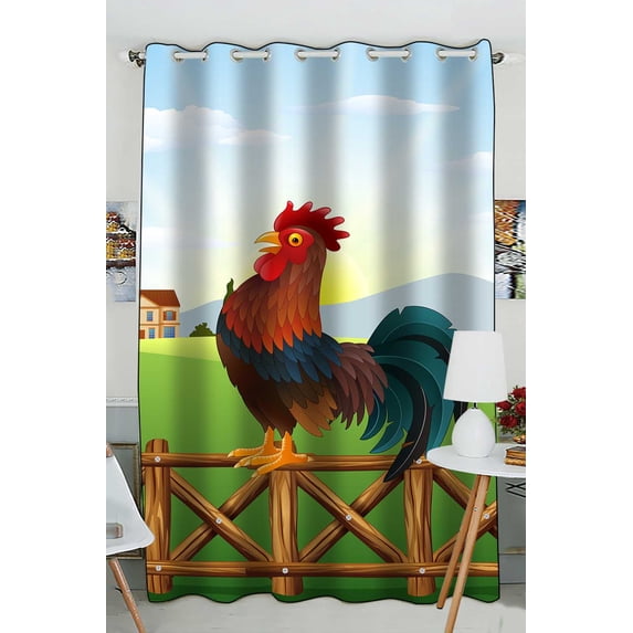 PKQWTM Cartoon Rooster Crowing At Farm Field Morning Sun Rising Practical heat insulation Shading Window Curtain Size 52(W) x 84(H) inches (One Piece)
