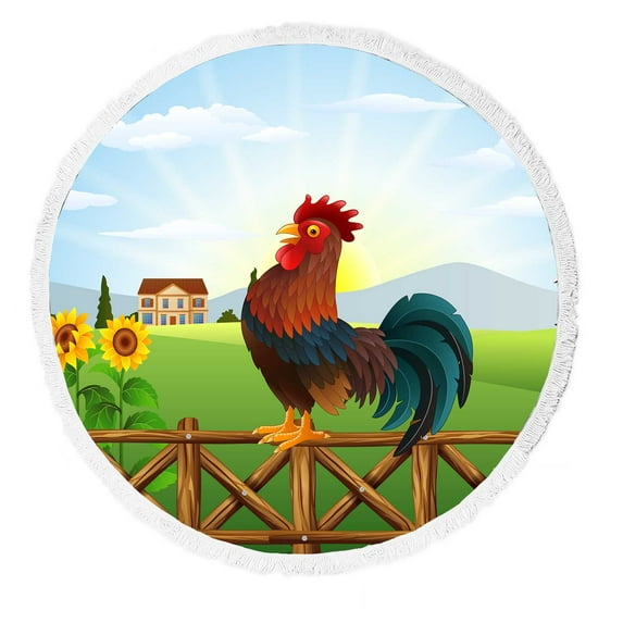 PKQWTM Cartoon Rooster Crowing At Farm Field Morning Sun Rising Round Beach Towel Beach Mats Shawl Blanket Yoga Mat with Tassels Beach Throw Towel