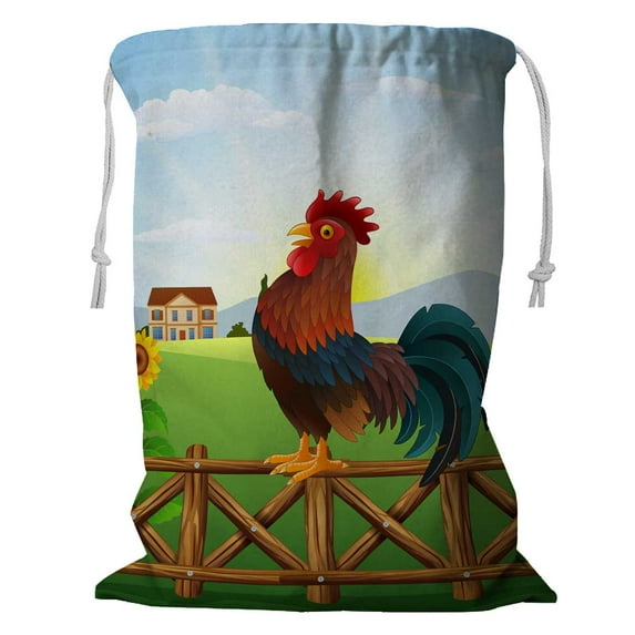 PKQWTM Cartoon Rooster Crowing At Farm Field Morning Sun Rising Storage Basket Laundry Bag with Drawstring Size 18x24 Inch