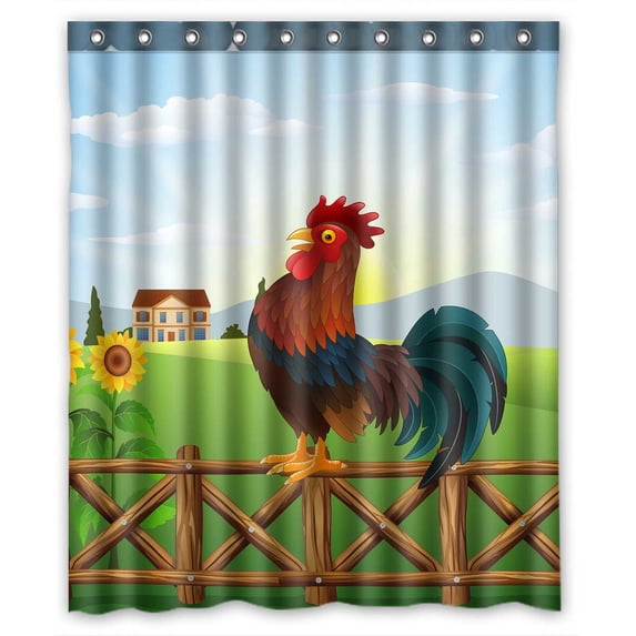 PKQWTM Cartoon Rooster Crowing At Farm Field Morning Sun Rising WaterProof Polyester Fabric Shower Curtain Size 60x72 Inches