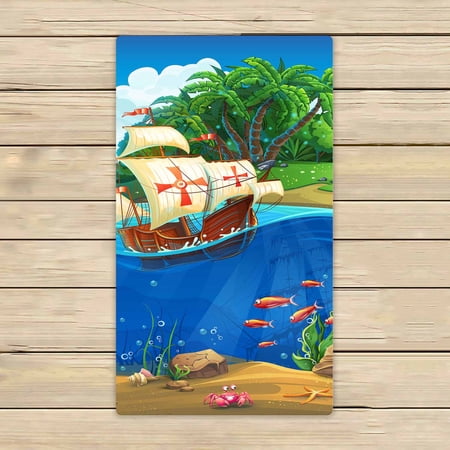 PKQWTM Cartoon underwater world fish plants island caravel Microfiber Bath Towels Bathroom Body Shower Towel Size 16x28 Inches