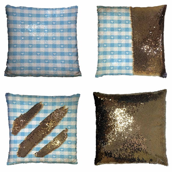 PKQWTM Check and Hearts Reversible Mermaid Cushion Cover Home Decor Sequin Pillow Case Size 18x18 inches