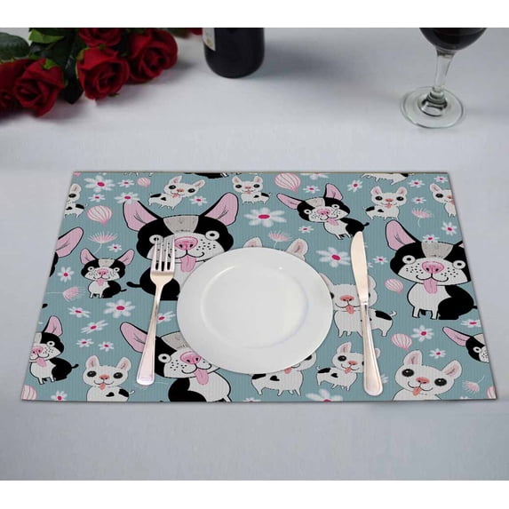 PKQWTM Cheerful Small Dogs On A Blue Flowers Kitchen Dining Table Mats Placemats Size 12x18 Inches, Set of 2 Pieces