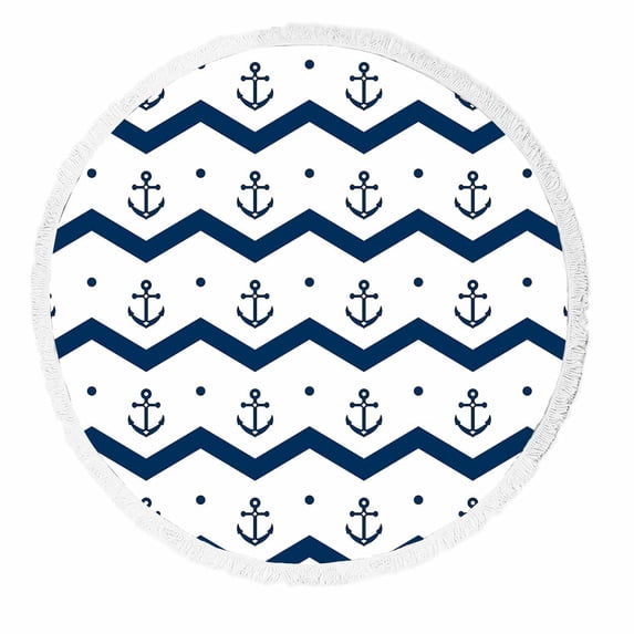 PKQWTM Chevron Anchors Blue White Round Beach Towel Beach Mats Shawl Blanket Yoga Mat with Tassels Beach Throw Towel