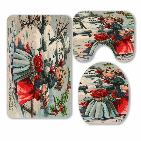 PKQWTM Children Building Snowman Merry Christmas 3 Piece Bathroom Rugs Set Bath Rug Contour Mat and Toilet Lid Cover