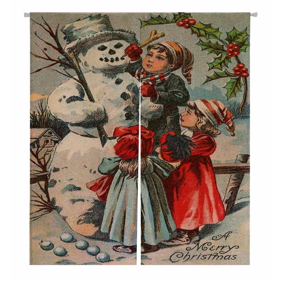 PKQWTM Children Building Snowman Merry Christmas Door Curtain Window Cover Home Decor Hanging Curtain Size 105x120 CM