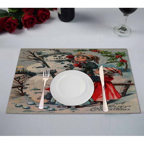 PKQWTM Children Building Snowman Merry Christmas Kitchen Dining Table Mats Placemats Size 12x18 Inches, Set of 2 Pieces