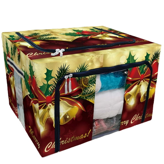 PKQWTM Christmas Bells Bow Red and Gold Storage Bag Clear Window Storage Bins Boxes Large Capacity Foldable Stackable Organizer With Steel Metal Frame For Bedding,Clothes,Closets, Bedrooms