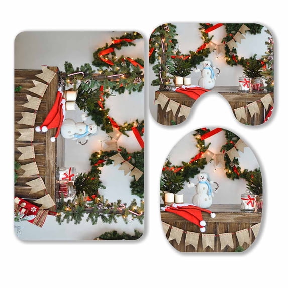 PKQWTM Christmas Decorations Ideas 3 Piece Bathroom Rugs Set Bath Rug Contour Mat and Toilet Lid Cover