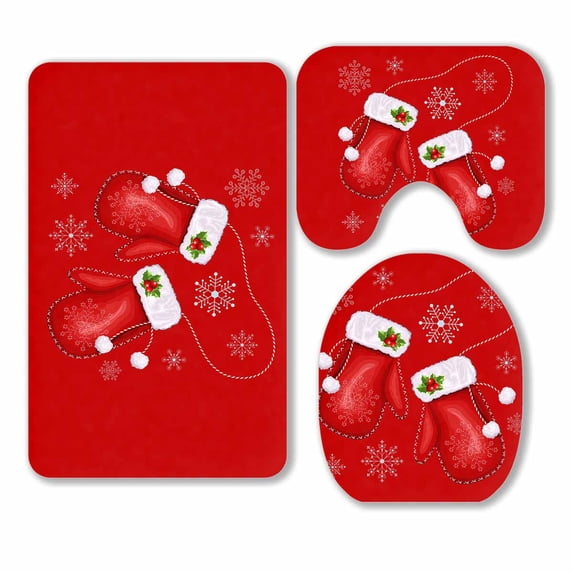 PKQWTM Christmas Gift Mittens 3 Piece Bathroom Rugs Set Bath Rug Contour Mat and Toilet Lid Cover