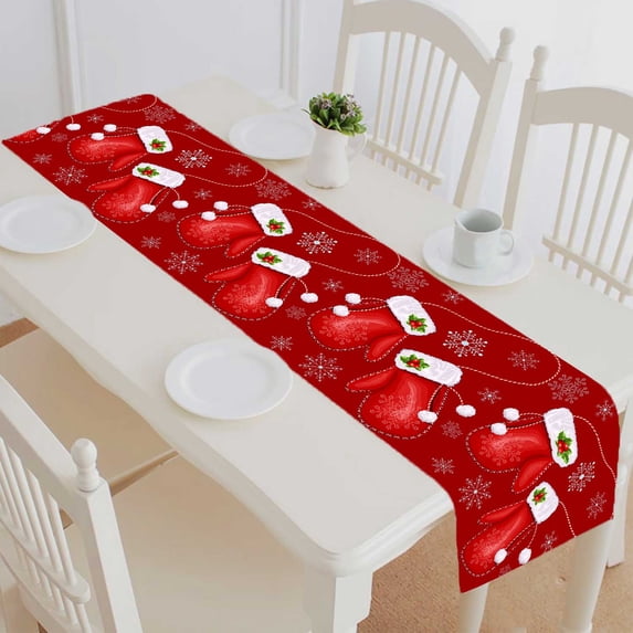 PKQWTM Christmas Gift Mittens Cotton and Linen Table Runner Kitchen Dining Room Supplies Size 16x72 Inch
