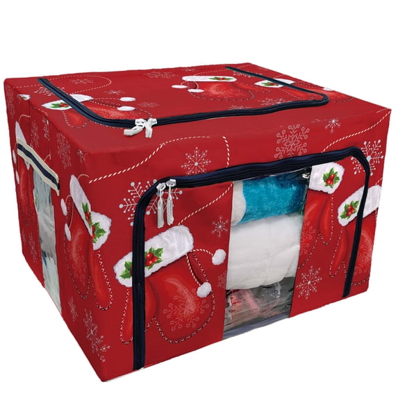 PKQWTM Christmas Gift Mittens Storage Bag Clear Window Storage Bins Boxes Large Capacity Foldable Stackable Organizer With Steel Metal Frame For Bedding,Clothes,Closets, Bedrooms