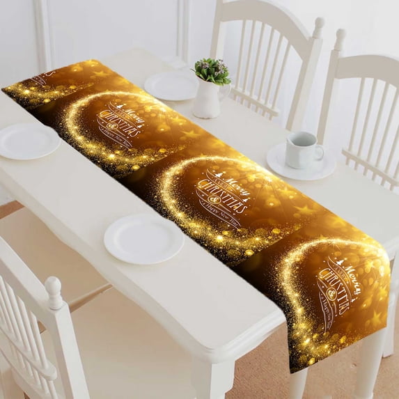 PKQWTM Christmas Gold Magic Star Cotton and Linen Table Runner Kitchen Dining Room Supplies Size 16x72 Inch