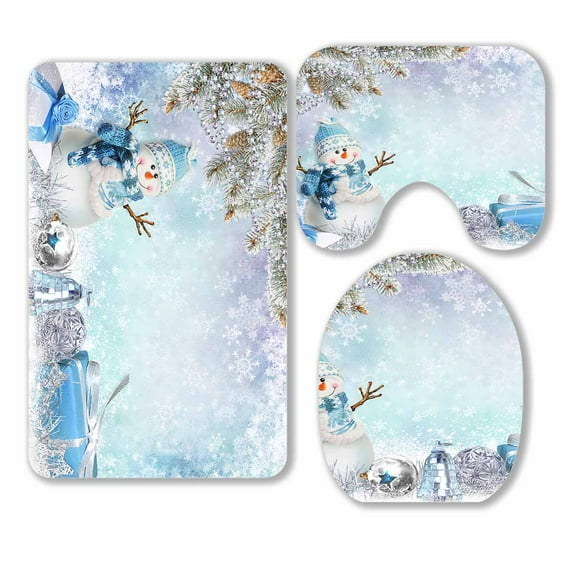 PKQWTM Christmas Greeting Card Pine Branches Snowman And Gifts 3 Piece Bathroom Rugs Set Bath Rug Contour Mat and Toilet Lid Cover