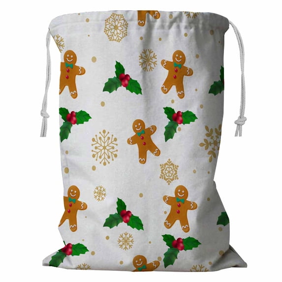 PKQWTM Christmas New Year holly gingerbread man white Storage Basket Laundry Bag with Drawstring Size 24x32 Inch