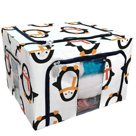 PKQWTM Christmas Penguin In Scarf Storage Bag Clear Window Storage Bins Boxes Large Capacity Foldable Stackable Organizer With Steel Metal Frame For Bedding,Clothes,Closets, Bedrooms