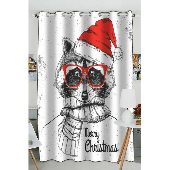PKQWTM Christmas Raccoon Dressed A New Year Hat And Scarf Practical heat insulation Shading Window Curtain Size 52(W)x84(H) inches(One Piece)
