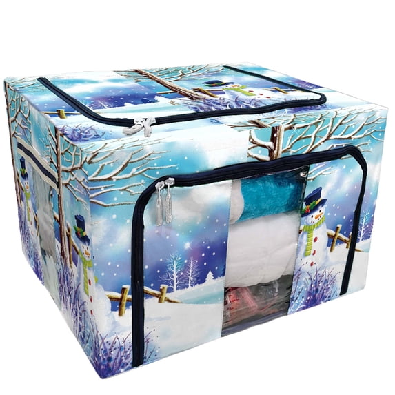 PKQWTM Christmas Snowman under Tree Winter Snow Scene Storage Bag Clear Window Storage Bins Boxes Large Capacity Foldable Stackable Organizer With Steel Metal Frame For Clothes,Closets, Bedrooms