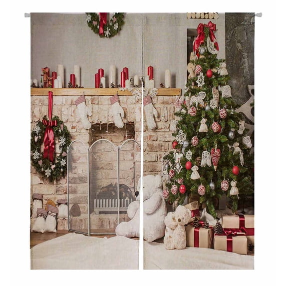PKQWTM Christmas Tree Fire Place Toy Bear Candles Gifts Door Curtain Window Cover Home Decor Hanging Curtain Size 105x120 CM