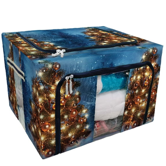 PKQWTM Christmas Tree with Lights in Winter Happy New Year Storage Bag Clear Window Storage Bins Boxes Large Capacity Foldable Stackable Organizer With Steel Metal Frame For Clothes,Closets, Bedrooms