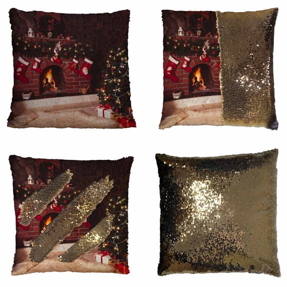 PKQWTM Christmas decorated fireplace tree Reversible Mermaid Cushion Cover Home Decor Sequin Pillow Case Size 20x20 inches