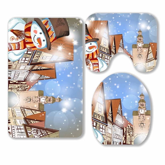 PKQWTM Christmas snowman cute street vintage houses 3 Piece Bathroom Rugs Set Bath Rug Contour Mat and Toilet Lid Cover